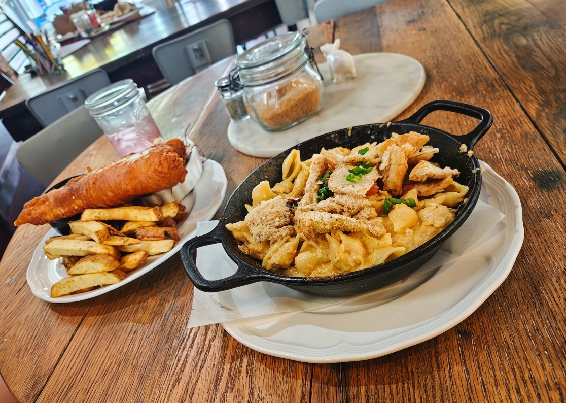 Crab Mac and Cheese with Fish and Chips from the Black Valley Provender